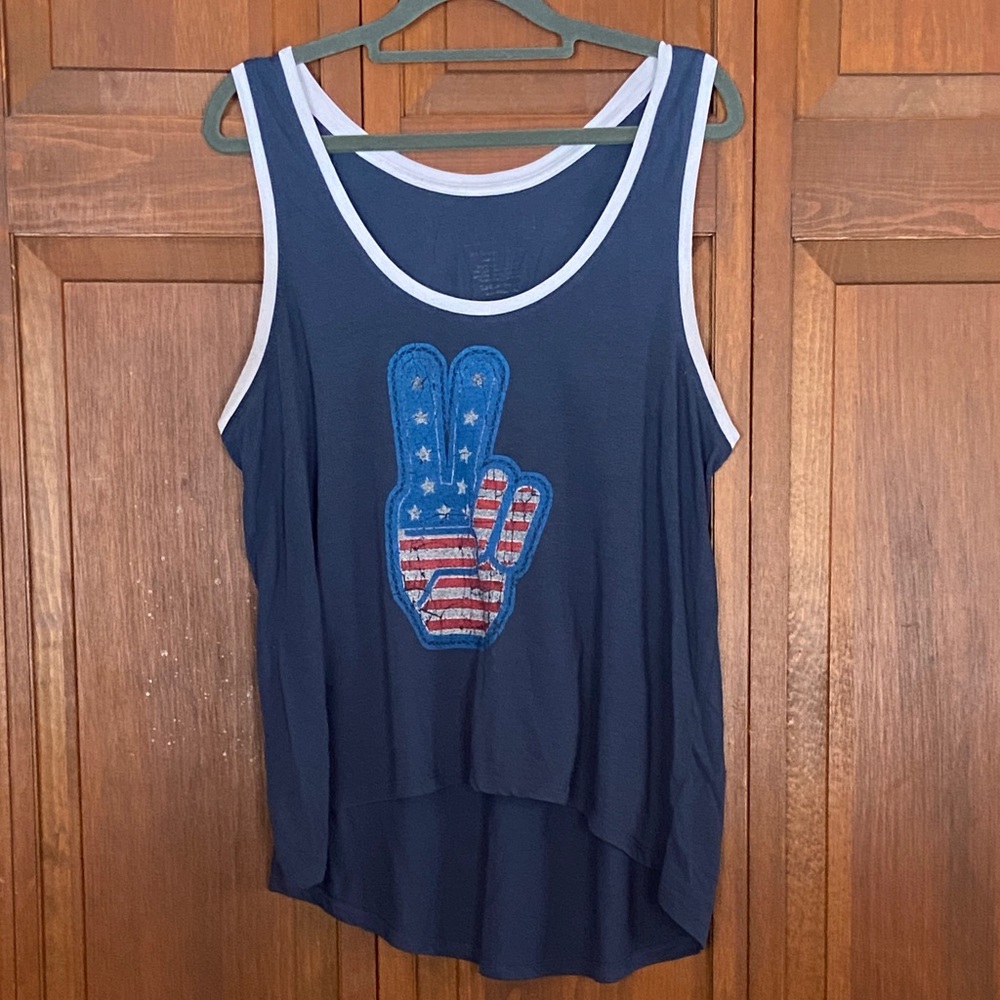 Women’s Navy Blue Tank Top with White Trim Ft’s Stars & Stripes Peace Sign